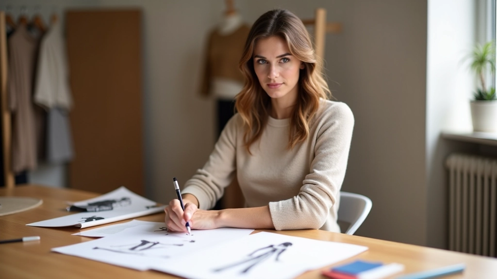 Espaço de design português com sketches e amostras de tecido sobre secretária branca