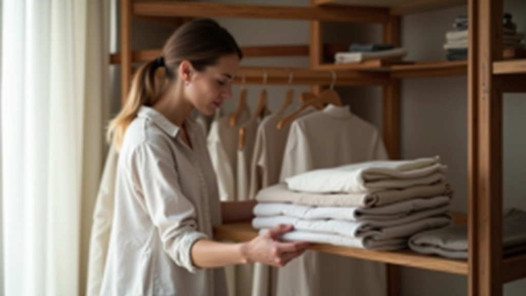 Mulher organizando peças de roupa em tons neutros num espaço luminoso